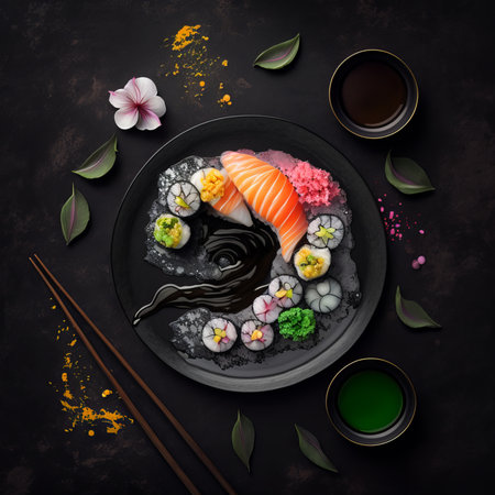 Sushi set on black background. Top view, flat lay.の素材