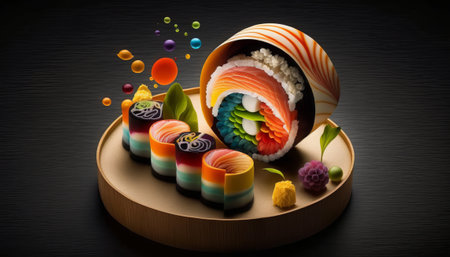 Sushi roll with salmon, tuna, avocado and caviar on black backgroundの素材