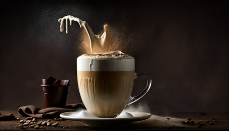 Cappuccino or latte coffee with milk splash on dark backgroundの素材