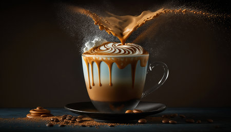 Cup of coffee with a splash of milk on a dark backgroundの素材