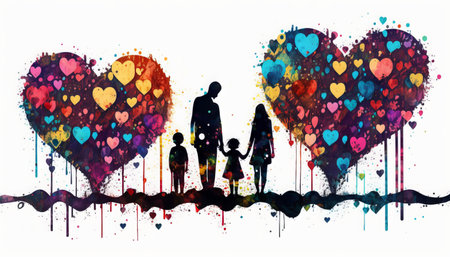 Silhouette of a loving family with a child in the form of hearts. Mothers Day.の素材