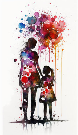 Silhouette of a mother and daughter with watercolor splashes. mothers day,の素材