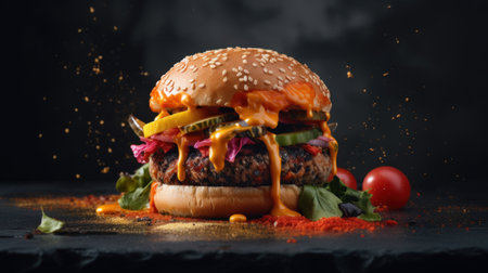 Closeup of tasty cheeseburger with delicious ingredients on black backgroundの素材