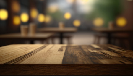 Empty wooden table in front of abstract blurred background of a coffee shopの素材