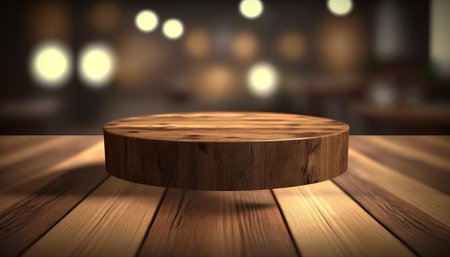 Wooden table in front of blurred background. 3D Renderingの素材