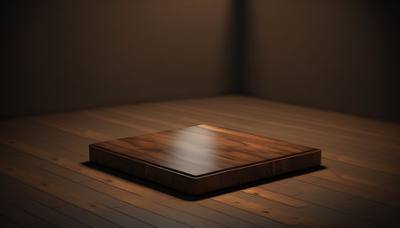 3D render of a wooden table in a dark room, illuminated by spotlightsの素材