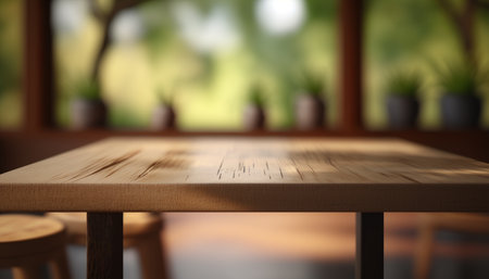 Empty wooden table in a coffee shop with bokeh background.の素材