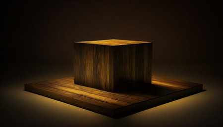 3d rendering of a wooden box isolated on dark studio background.の素材