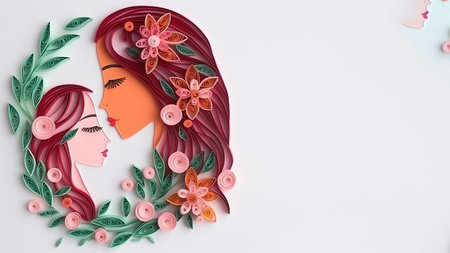 Beautiful girl with pink hair and flowers on white background. 3d rendering. Mothers Day Concept.の素材