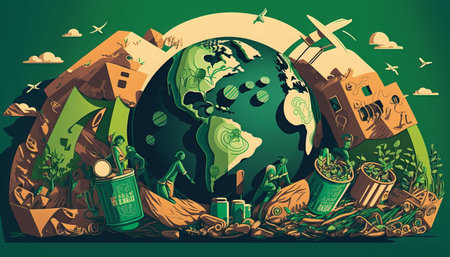 Ecology concept. Planet earth with garbage. Vector illustration in cartoon style. 3Rs - Reduce, Reuse, Recycle.の素材