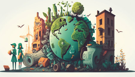Green planet with city landscape. Eco friendly concept. 3Rs - Reduce, Reuse, Recycleの素材
