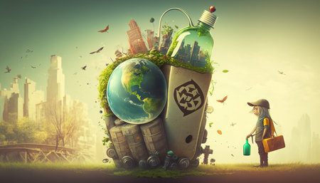 Ecology concept with little girl and planet earth. 3Rs - Reduce, Reuse, Recycleの素材