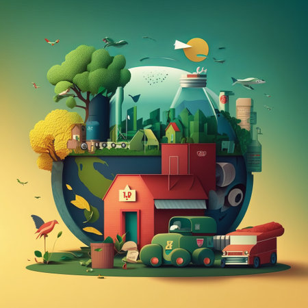 Ecology concept with green planet and eco-friendly city. Vector illustration. 3Rs - Reduce, Reuse, Recycleの素材
