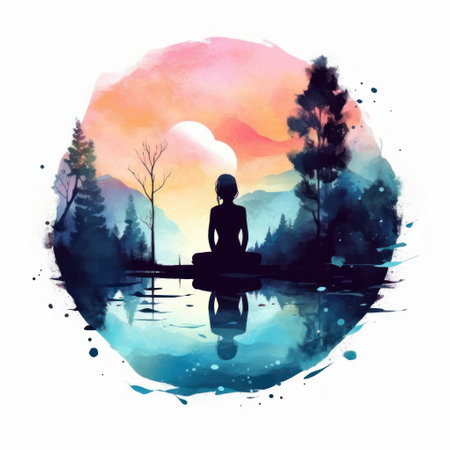 Watercolor silhouette of a woman meditating on a lake with trees in the backgroundの素材