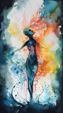 Beautiful woman silhouette doing yoga on colorful watercolor background.の素材