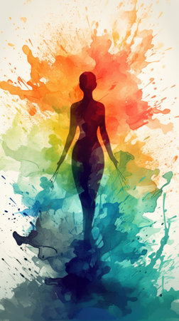 Beautiful woman silhouette doing yoga on colorful watercolor background. Vector illustration.の素材