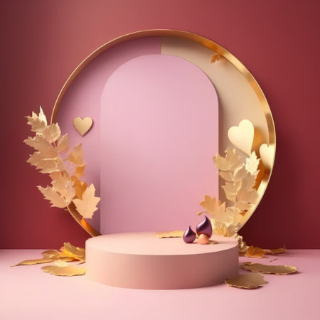 3d render, abstract background with podium for product presentation, autumn leaves, round frameの素材