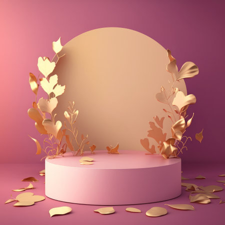 3d render, abstract background, golden leaves, round podium for cosmetic product presentation.の素材