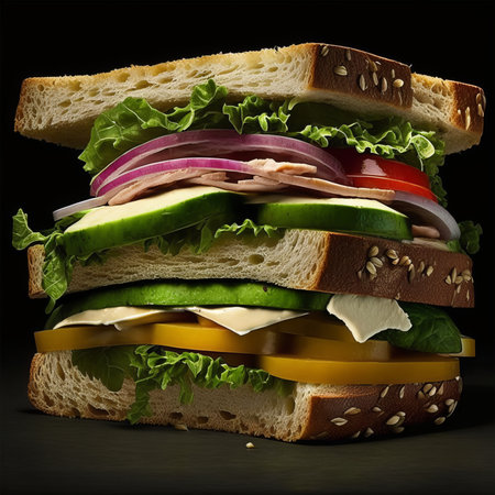 Sandwich with ham, cheese and vegetables on a black background.の素材