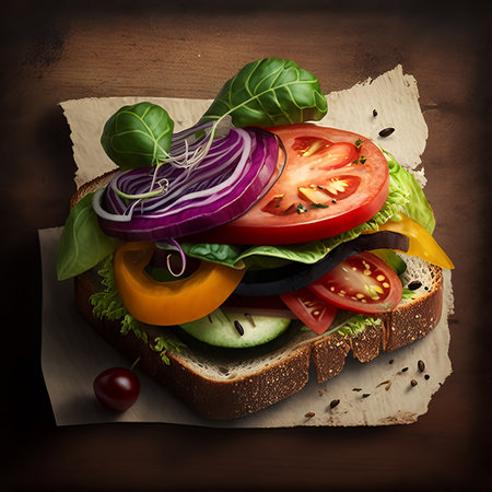 sandwich with vegetables on a wooden background. tinting. selective focusの素材