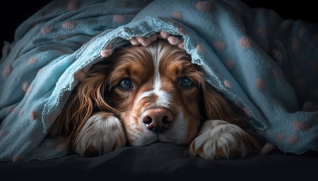 Cavalier King Charles Spaniel lying under a blanket in the darkの素材