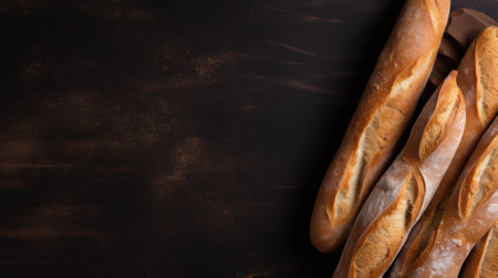Fresh baguettes on dark wooden background. Top view with copy spaceの素材