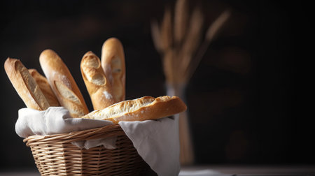 Basket with fresh flute baguettes on wooden table, closeupの素材