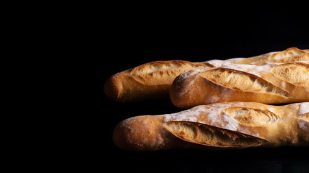 Freshly baked flute baguettes on a black background with copy space.の素材