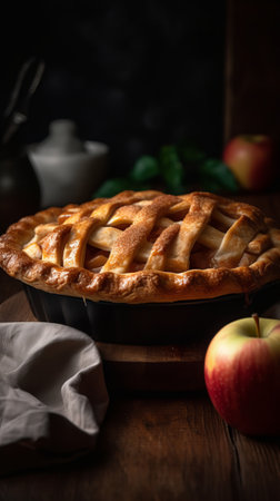 Fresh homemade apple pie on rustic wooden background with copy space.の素材
