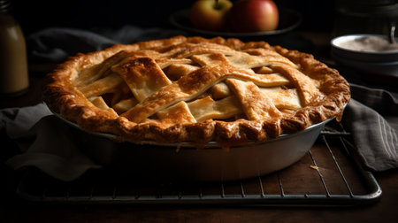 Homemade apple pie in a baking dish on a dark wooden background.の素材