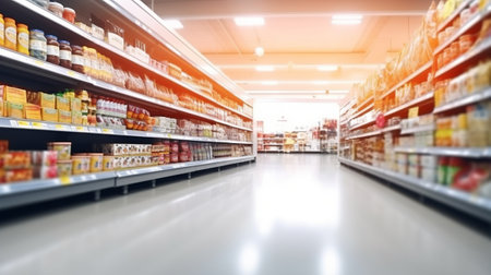 Supermarket aisle with variety of food products. Blurred background.の素材