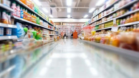Supermarket aisle with shelves full of food products. Blurred background.の素材