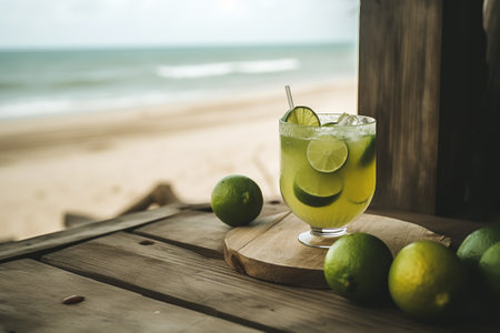 Brazilian caipirinha cocktail on the beach in vintage styleの素材
