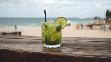 Brazilian caipirinha cocktail with lemon on the wooden table on the beach.の素材
