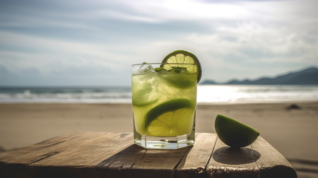 Brazilian caipirinha cocktail with lemon on the beach,vintage color toneの素材