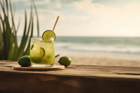 Brazilian caipirinha cocktail with lemon on wooden table with sea view background.の素材