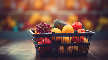 Fruits and vegetables in a basket on the background of the supermarketの素材