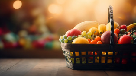 Fresh fruits and vegetables in a basket on a wooden background. Selective focus.の素材