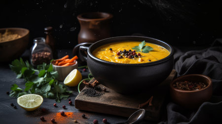 A steaming hot bowl of dal soup with colorful garnishesの素材