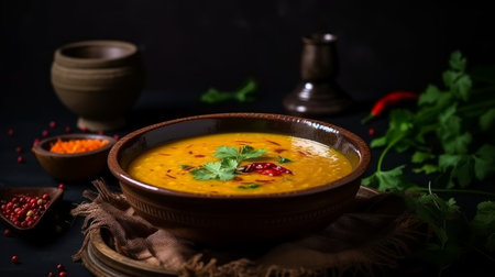 A steaming hot bowl of dal soup with colorful garnishesの素材