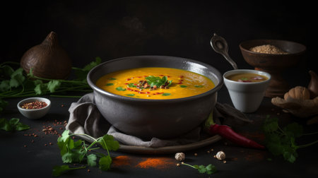 A steaming hot bowl of dal soup with colorful garnishesの素材