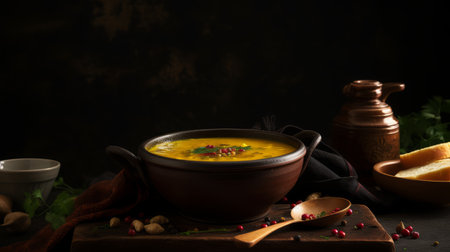 Pumpkin soup in ceramic bowl on dark background. Copy space.の素材