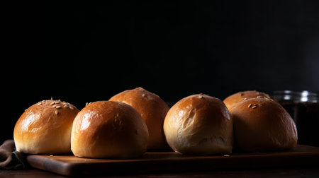 Freshly baked buns with sesame seeds on a black backgroundの素材