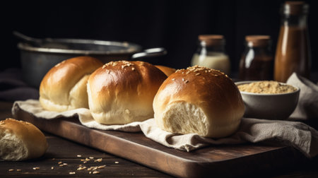 Freshly baked homemade buns with sesame seeds on wooden boardの素材