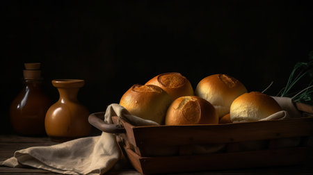 Bread rolls in a basket on a wooden table with dark backgroundの素材