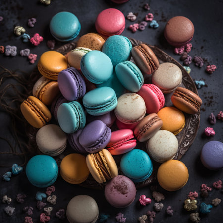 Colorful macaroons on a black background. Toned.の素材