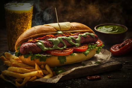 Hot dog with ketchup, mustard and french fries on wooden backgroundの素材