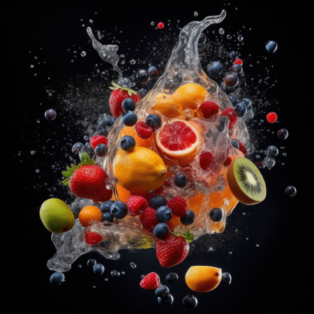 Fresh fruits with water splash on black background. Healthy food concept.の素材