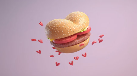 Hamburger with flying hearts on a pink background. 3d rendering. Burger lovers.の素材