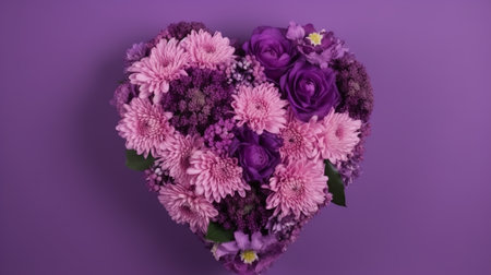 Bouquet of flowers in the shape of a heart on a purple backgroundの素材